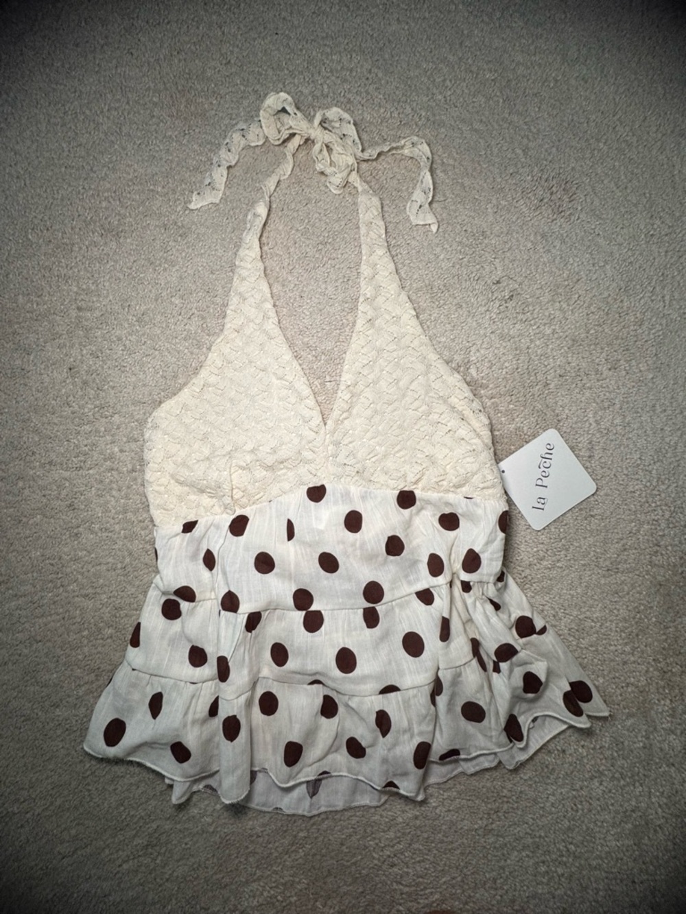 Cream Halter Polka Brown Dot Junior Top